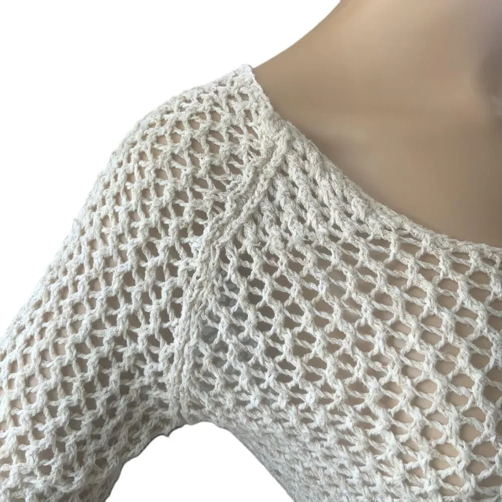 Lucky Brand‎ Beige Open-Knit Long Sleeve V-Neck Pullover Sweater Size XS